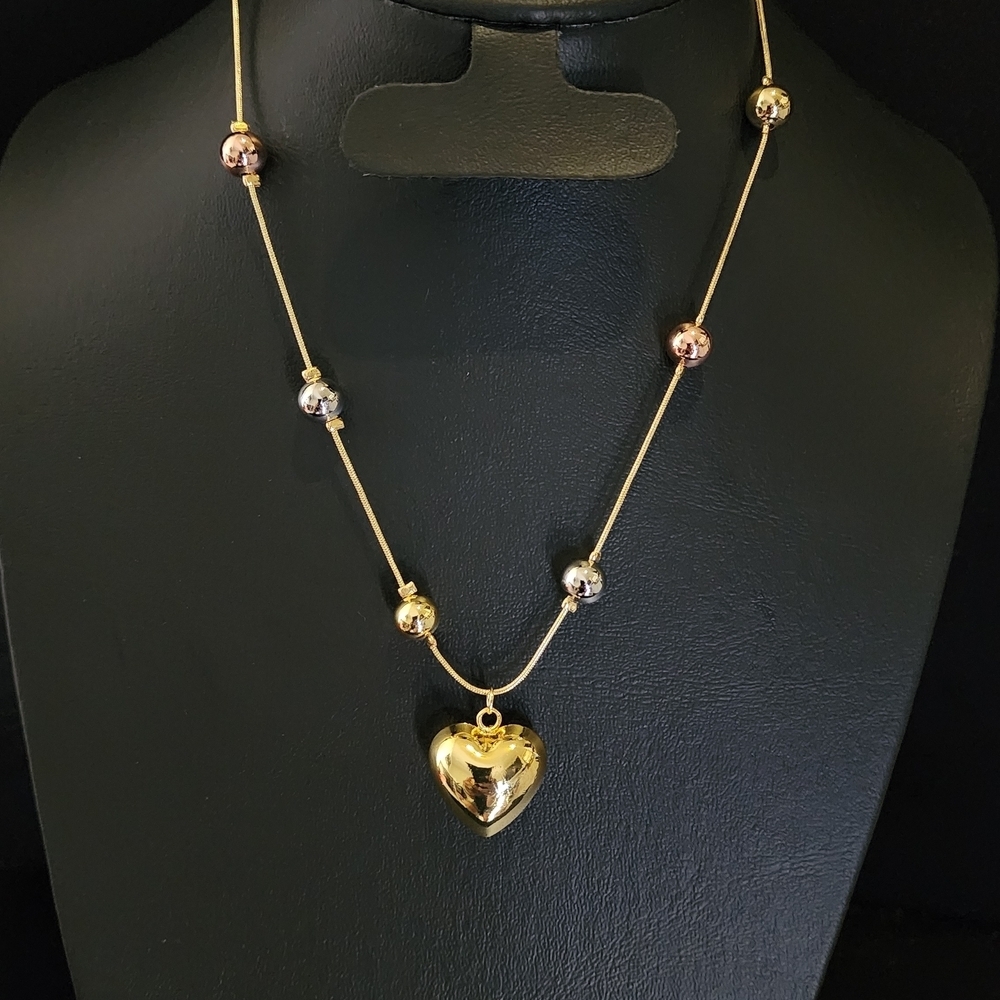Mixed Metal Beaded Heart Pendant Necklace - Gold Heart Accent